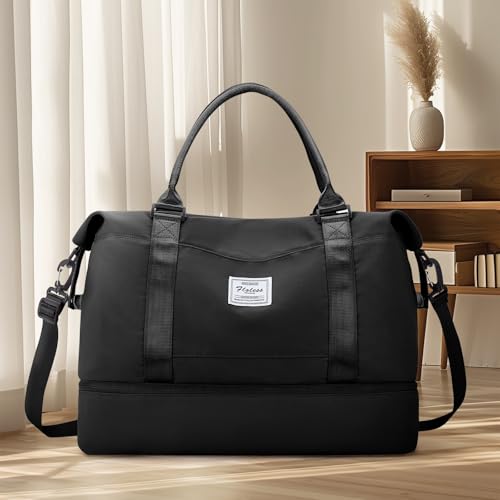 Travel Duffel Bag,Overnight Weekender Bags for Women with Wet Pocket - color: A-Black, size: Large