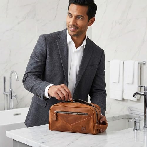 HomeWetBar Personalized Leather Toiletry Bag for Men, With with Waterproof Compartments, Custom Shaving, Travel Dopp Kit, Grandpa, Dad, Husband, Father, Him, Boyfriend