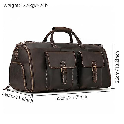 Leather Garment Bag for Men, Convertible Carry on Garment Duffel Bag for Travel Weekender Bag 2 in 1 Hanging Suitcase Suit Bag - color: Dark Brown