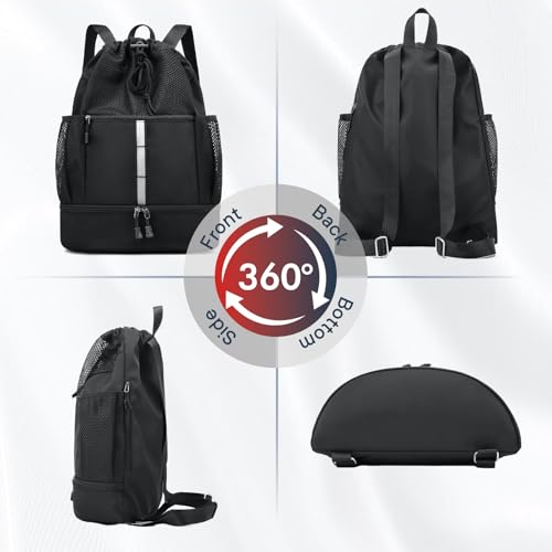 PinCute Drawstring Backpack for Men Women, Mesh Gym Bag for Beach - color: Black