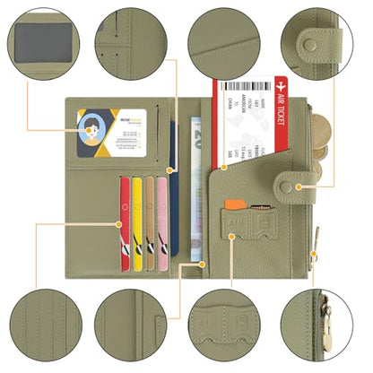Leather Passport Cover Wallet Travel Essentials Holder with Zipper Pocket - color: Light Green