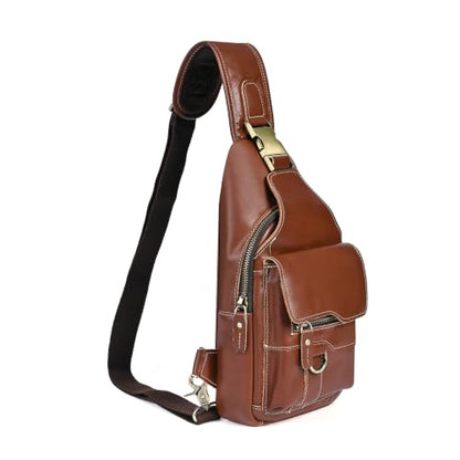 Genuine Leather Hiking Travel DayPack Sling Crossbody Triangle Chest Pack Bag For Men Women 8241 (E-Brown) - color: E-Brown