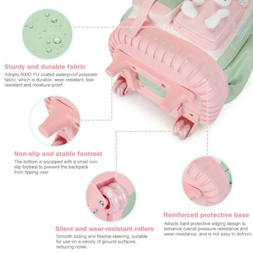 FIXITOK Rolling Backpack for Girls, Kawaii Bunny Roller Wheels School Backpacks with Lunch Bag Pencil case, Wheeled Suitcase Bookbag for Elementary Travel Green - color: Green