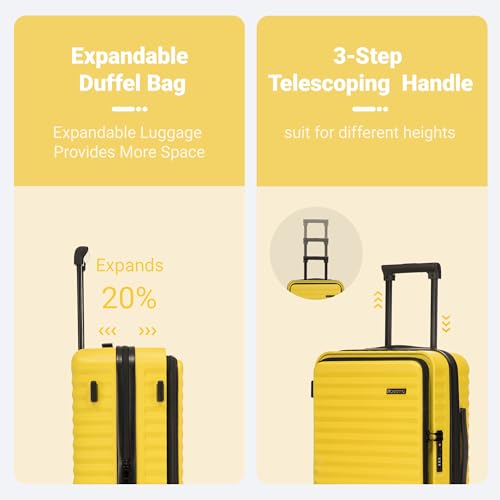 Rosamo 3 Piece Carry On Luggage Set, 20 Inch Front Opening Hardside Suitcase, Spinner Wheels, TSA Lock - color: Yellow