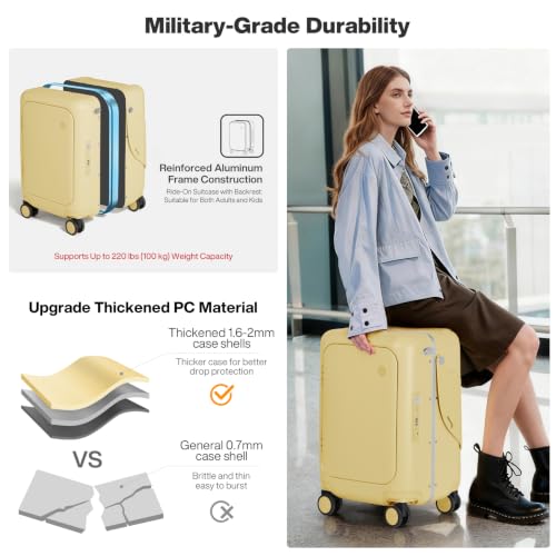 mixi 20 Inch Ride On Suitcase for Kids Luggage with Seat, Lark Yellow - color: Lark Yellow