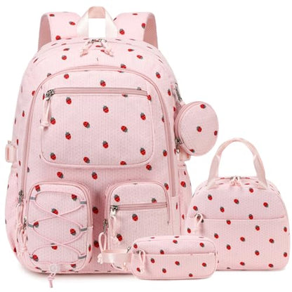 PiPiCat Backpack for Girls 4 in 1 Back to School Bookbag - color: K2 Pink Strawberry