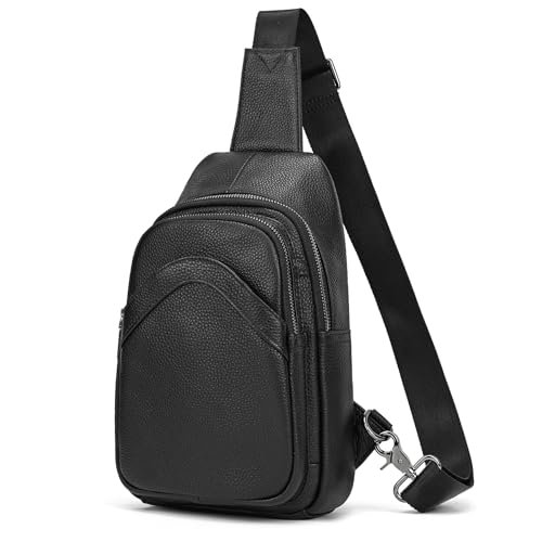 Genuine Leather Sling Bag Multi-pocket Chest Bag for Men Hiking Travel Daypack - color: 9333 Black