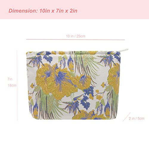 Flat Makeup Bag for Women,Zipper Cosmetic Pouch Purse,Brocade Flower Yellow - color: Brocade Flower Yellow