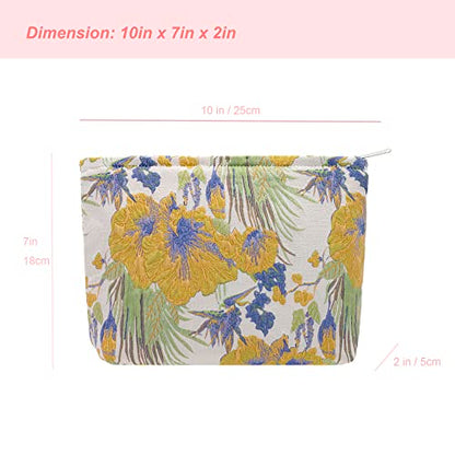 Flat Makeup Bag for Women,Zipper Cosmetic Pouch Purse,Brocade Flower Yellow - color: Brocade Flower Yellow