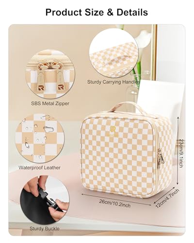 Relavel Travel Makeup Bag With LED Mirror, Cosmetic Train Case with Handle - color: 01-Plaid, size: 1-Small