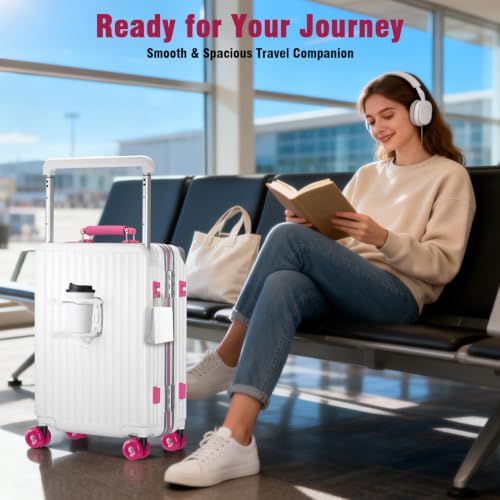 Xtaeptos 20 Inch Zipperless Carry On Luggage with Aluminum Frame Hardside - color: White + Pink