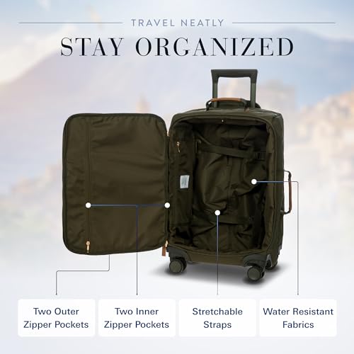 Bric's X-Travel 21” Carry-On Spinner – Airline Approved Luxury Softside Luggage with 360° Wheels, Recycled Water-Resistant Fabric, Interior Pockets, and Leather Details – Olive - color: Olive, size: Carry-On