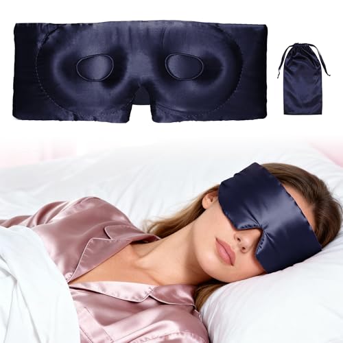 VOCOSTE 3D Pure Silk Sleep Mask with Travel Pouch, Navy Blue - color: Navy Blue
