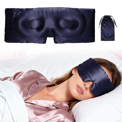 VOCOSTE 3D Pure Silk Sleep Mask with Travel Pouch, Navy Blue - color: Navy Blue