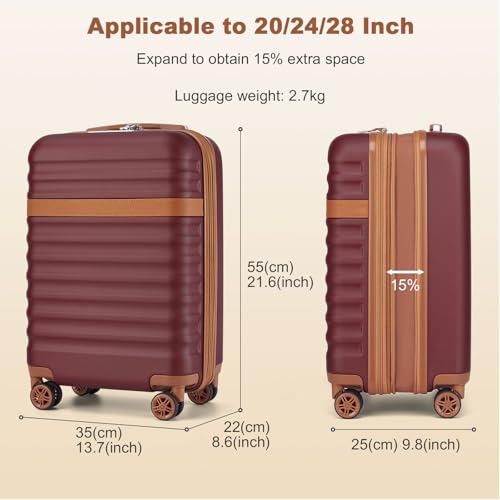 Kono Carry On Luggage 22x14x9 Expandable 20Inch Hardshell TSA Lock Burgundy - color: Burgundy, size: Carry-on 20-inch