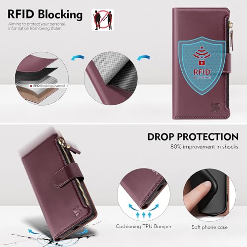 Shieldtop Compatible with Samsung Galaxy S25 Plus Wallet Case with Card Holder,Women Men RFID Blocking PU Leather Flip Cover Wrist Strap Zipper Credit Card Slots,Phone Case for S25 Plus,Wine Red - color: Wine Red, size: Samsung Galaxy S25 Plus - 6.7"