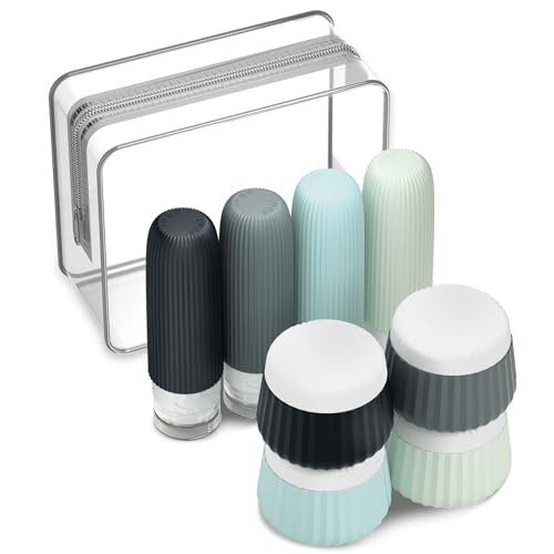 Mrsdry Travel Bottles 8 Pack, TSA Approved 3 oz Toiletries Containers, Leak Proof Silicone Squeezable Essentials Jars with Clear Bag - color: Black Gray, size: Bottle 3oz Jars 3oz