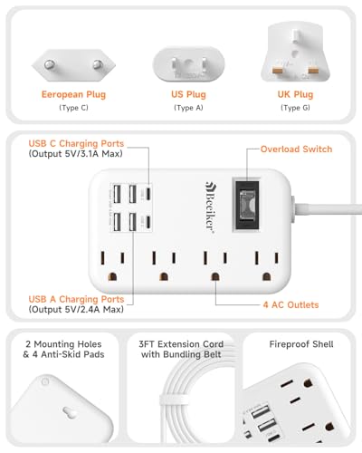 European Travel Plug Adapter, US to Europe Power Strip,6 USB,4 Outlets,3ft - size: Type C/A/G Plug-3ft-24W USB