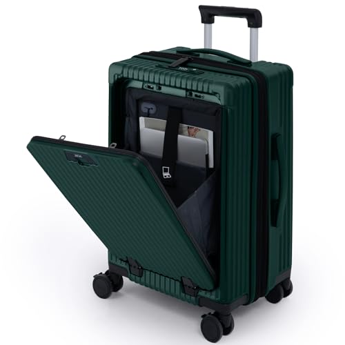 Nobl Travel Carry on Expandable Luggage, Aluminum Frame Hard Shell Suitcase | Airline Approved 22.5"x14.2"x9.8", 360° Spinner Wheels, TSA Locks, USB Charging, Cup & Phone Holder, Forest Green - color: Forest Green