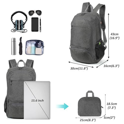 TANTOMI Ultra Lightweight Packable Backpack 25L - Foldable Hiking Daypack for Travel, Compact Pocket Gym Sack & City Commuting Gear - Gray - color: Dark Gray