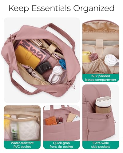 BAGSMART Gym Bag for Women, 2-PC Puffer Travel Duffle Bag Carry On Tote Bag - color: Pink