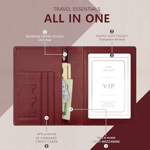 BAPHITY Womens Leather RFID Multi-Slot Travel Slim Passport Cover, Wine Red - color: Wine Red, style: Rfid Protected