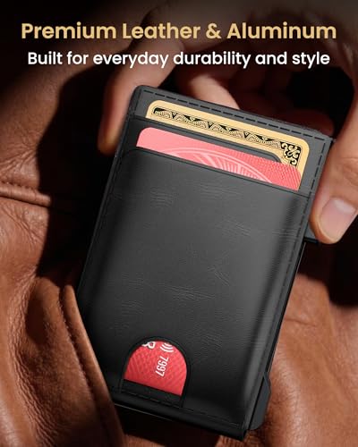 Wallet for Men Card Holder: Pop Up Card Case, Genuine Leather, Smart, RFID Blocking, Slim, Minimalist, Thin, Front Pocket - 12 Card Capacity, ID Window, Money Clip (Black) - color: Black