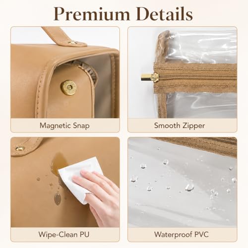 YDR Roll Up Makeup Bag for Women, 4-in-1 Toiletry Bag with 4 Detachable Clear Pouches, Hanging Travel Makeup Organizer, PU Leather Cosmetic Bag - color: 4 separate-Brown