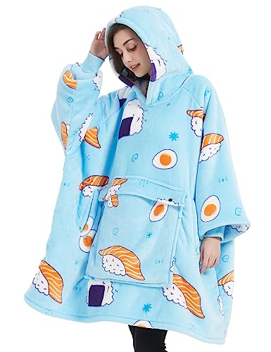 KFUBUO Wearable Blanket Hoodie for Adults With Pocket Sushi Hoodie - color: Blue Sushi, size: Adult
