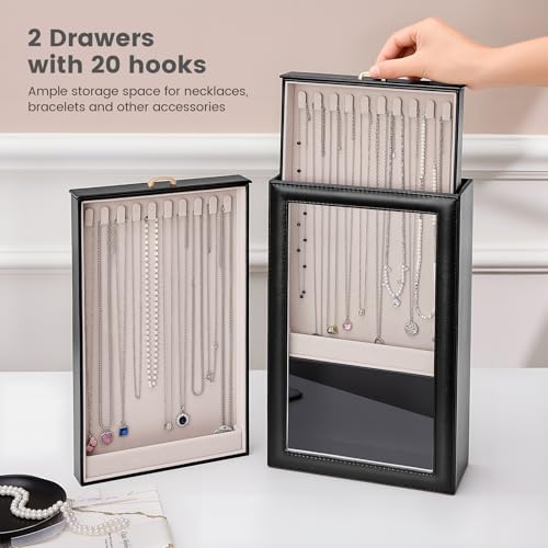 Lolalet Necklace Organizer Box, Jewelry Display Case, Black, 2 Layers - color: Black, size: 2 Layers, 20 Hooks