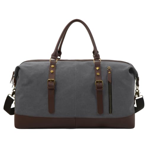 55L Canvas Duffle Bag for Men, Carry On Travel Weekender Overnight Bag - color: Grey