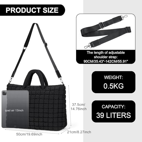 Quilted Duffle Bag for Travel, Large Puffer Duffel Weekender Bags Soft Gym Tote, Big Puffy Carry on Luggage Overnight - color: Black