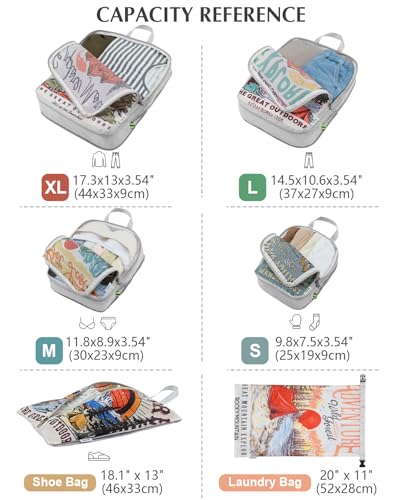 Gonex 6-Piece Compression Packing Cubes with Shoe & Laundry Bags - color: 6-Retro Mountains, size: 6 Set