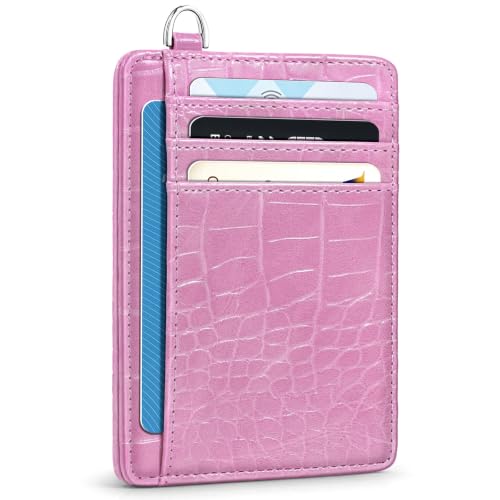 Coco Rossi Crocodile Wallet Women Slim Credit Card Holder with Keychain - color: A Peach Pink Croc