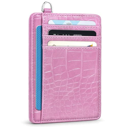 Coco Rossi Crocodile Wallet Women Slim Credit Card Holder with Keychain - color: A Peach Pink Croc