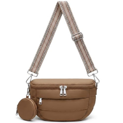 Crossbody Bum Bag for Women, Lightweight Puffy Purse Travel Coffee - color: Coffee Brown