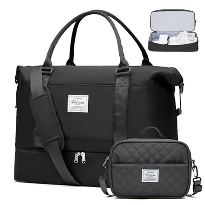 Weekender Bags for Women,Personal Item Travel Bag with Shoes Compartment - color: Black with BlackGray Toiletry Bag, size: Large