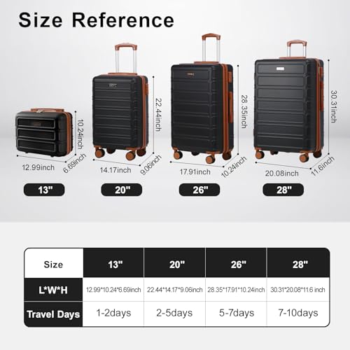 4 Piece Luggage Set Expandable ABS Travel Suitcase Set TSA Lock Hardshell Durable Lightweight Traveling Luggage Sets Gift for Back to School (Black, 28in26in20in13in) - color: Black