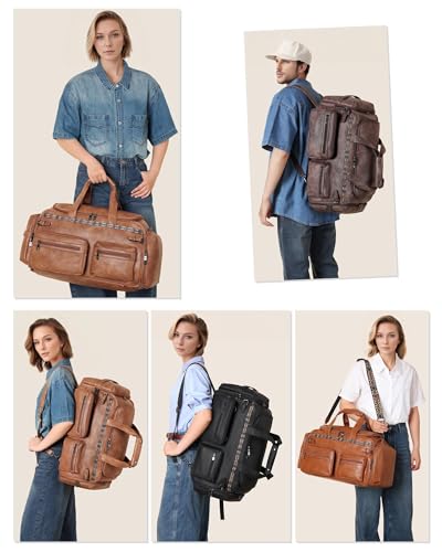 FADEON Duffle Bag for Women, Large Convertible Carry on Overnight Backpack | Designer Leather Mens Weekend Bags for Travel, Business, Trip, Daily, Gift, Work, Brown - color: Coffee Brown Retro Style