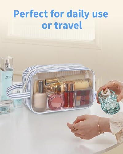 Narwey Clear Toiletry Bag for Women, Clear Cosmetic Makeup Bag for Travel - color: YB-Greyish Blue Stripe