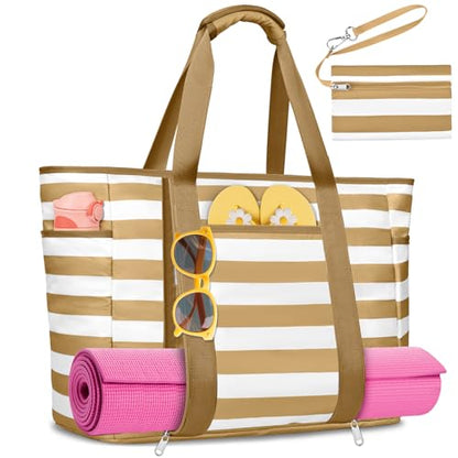 Extra Large Beach Bags for Women Waterproof Sandproof Beach Tote Bag - color: Brown White
