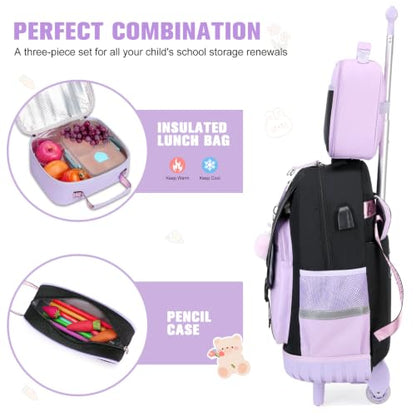 Bevalsa Rolling Backpack for Girls, 3PCS Roller School Backpack Set - color: Purple Butterfly