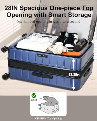 CENSIEN Expandable Checked Luggage, 28 Inch Top Opening Trunk Suitcases - color: Navy Blue, size: 28 Inch EXT