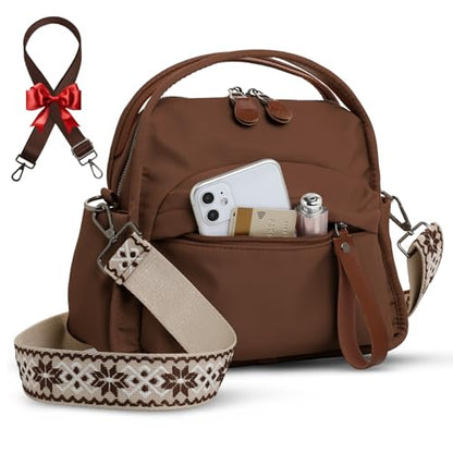 Nylon Top Handle Crossbody Bags for Women with 2 Adjustable Straps - color: Coffee