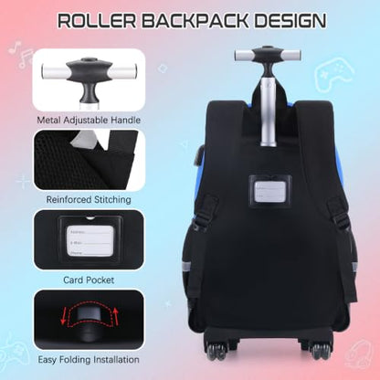 3PCS Gamer Boys Rolling Backpack with Lunch Box & Pencil Pouch (Blue Black) - color: Blue