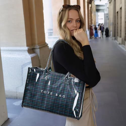 KALIDI PVC Tote Bag Women’s Kraft Paper Work Handbags Purses with Top Handle - color: Plaid Green