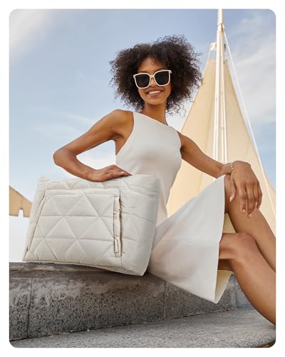 BAGSMART Tote Bag for Women, Puffer Tote Bag for Work Large Shoulder Bag - color: A-beige