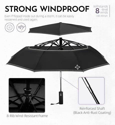 Windproof Travel Umbrella, Compact auto open/close Umbrellas for Rain - color: Black