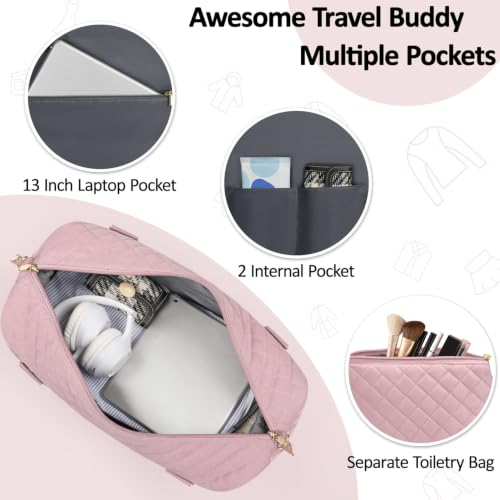 Tenot Quilted Duffle Bag for Women Travel Tote Bag with Luggage Sleeve - color: Pink, size: Large