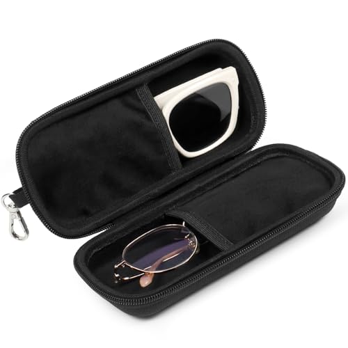 Double Eyeglasses Case for Dual Sunglasses, Hard Shell with Zipper - color: Black